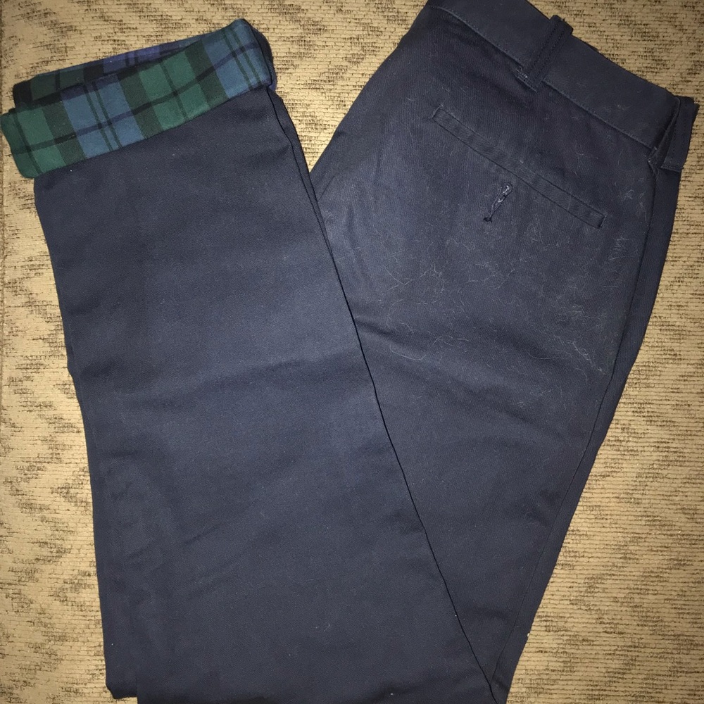 Navy chinos with green and navy plaid accent